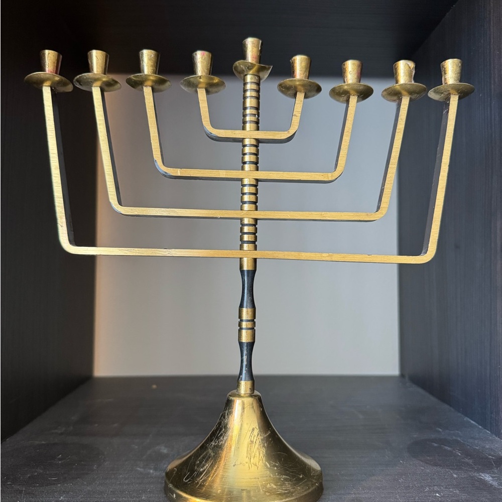 Vintage Solid Brass Menorah Candlestick Holder with Black Accents